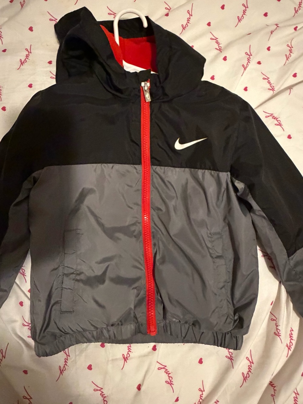 Nike Kids Black and Gray Hooded Windbreaker with Red Zipper
